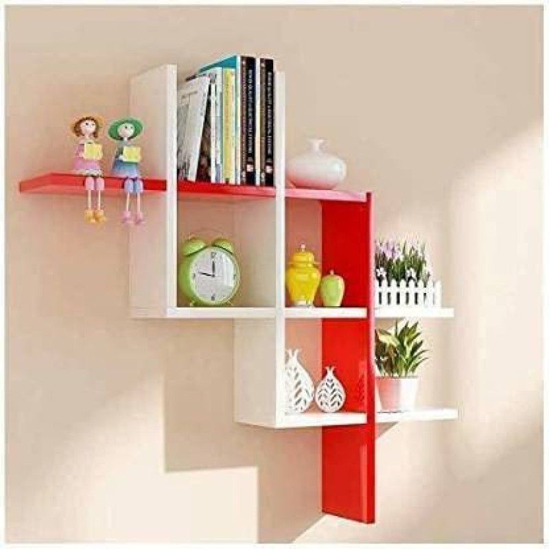 MC Crafthouse Wall Mount New Plus Wall Shelf / Wall Rack Hangings For Home Decor - Red & White MDF (Medium Density Fiber), Wooden Wall Shelf  (Number of Shelves - 6, Red, White)