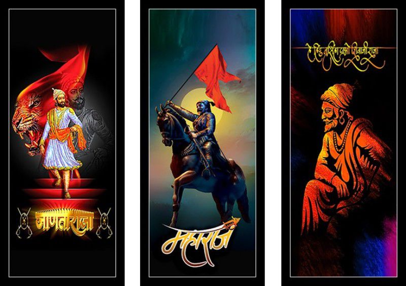 VRUTIKA ART Indias Greatest Warrior Shivaji Maharaj 3 Piece with for living room with Synthetic frame Digital Reprint 16 inch x 21 inch Painting  (With Frame)