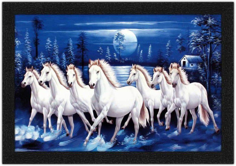 Art Amori Seven Horses Running in blue moon light Painting with Synthetic Frame Digital Reprint 14 inch x 20 inch Painting  (With Frame)
