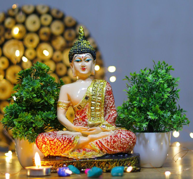 Flipkart Perfect Homes Beautiful Meditating Lord Buddha With Two Artificial Plant Combo Decorative Showpiece - 23 cm  (Polyresin, Red)