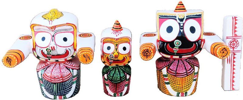 Real Craft Lord Jagannath,Balbhadra,Subhadra and Sudarshan Chakra | Chaturdha Murti IPuri Famous Jagannath| Wooden Idol for Puja Living Room,Office,Gifting, 10-Inch (Large) Decorative Showpiece - 25.4 cm  (Wood, Multicolor)
