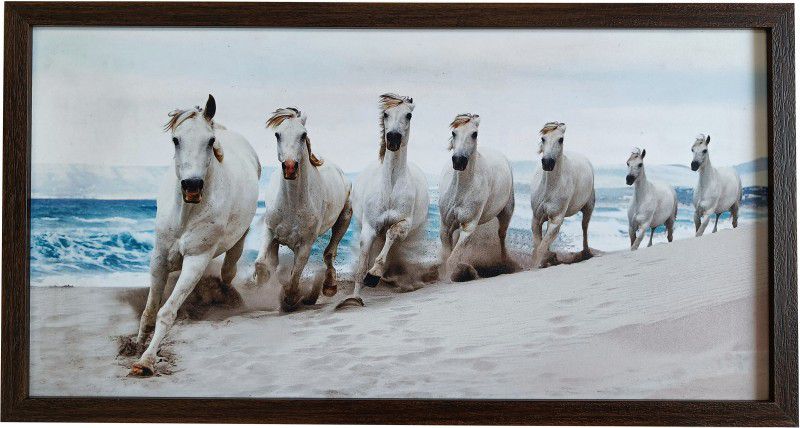 Elegance ELEGANCE VASTU 7 White Running Horses Wall Frame Digital Reprint 13.25 inch x 25.25 inch Painting  (With Frame)
