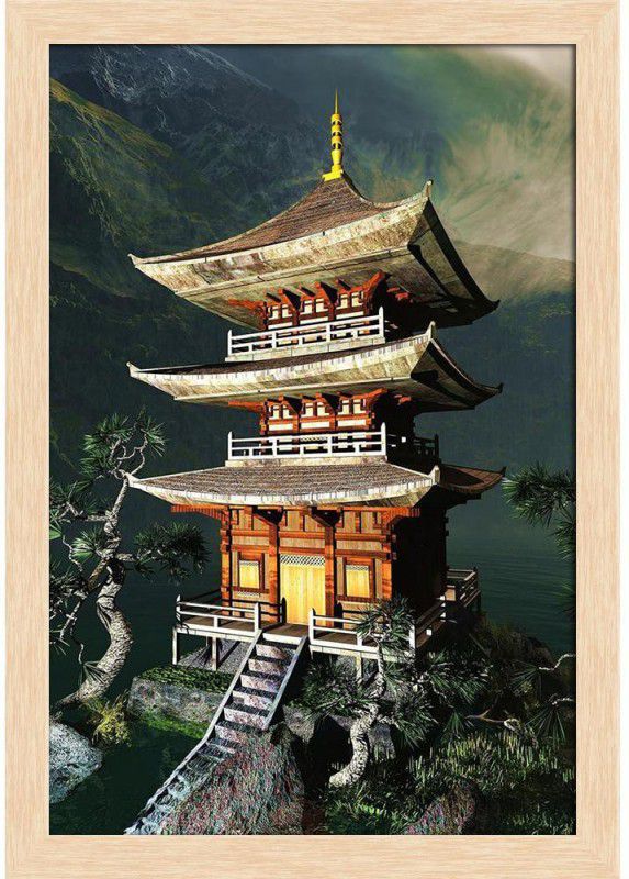Zen Buddha Temple D3 Paper Poster Natural Brown Frame | Top Acrylic Glass 13inch x 19inch (33cms x 48.3cms) Paper Print  (19 inch X 13 inch, Framed)