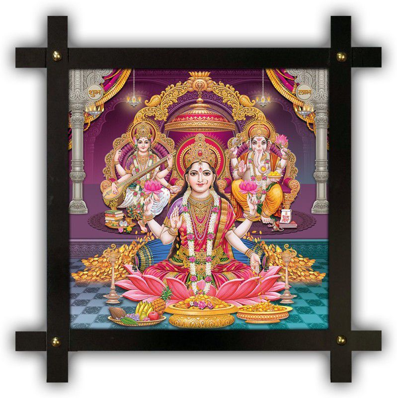 Poster N Frames Cross Wooden Frame Hand-Crafted with photo of Diwali Puja (laxmiji, Ganeshji,Saraswatiji) 20733-crossframe Digital Reprint 16.5 inch x 16.5 inch Painting  (With Frame)