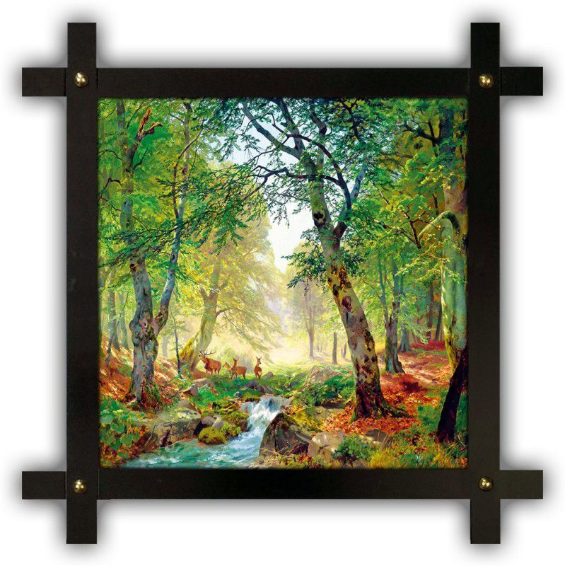 Poster N Frames Cross Wooden Frame Hand-Crafted with photo of Hand Painting Landscape Scenery 26020 Digital Reprint 16.5 inch x 16.5 inch Painting  (With Frame)
