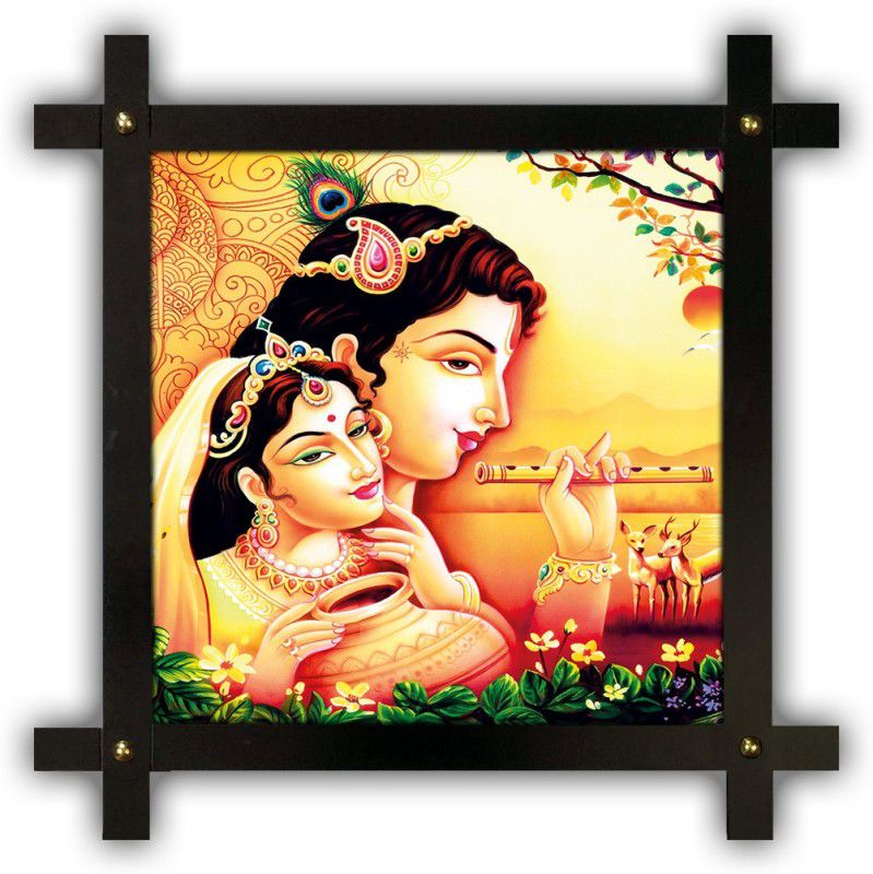 Poster N Frames Cross Wooden Frame Hand-Crafted with photo of Radha Krishna 16837 Digital Reprint 16.5 inch x 16.5 inch Painting  (With Frame)