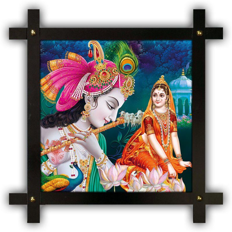 Poster N Frames Cross Wooden Frame Hand-Crafted with photo of Radha Krishna 14774 Digital Reprint 16.5 inch x 16.5 inch Painting  (With Frame)