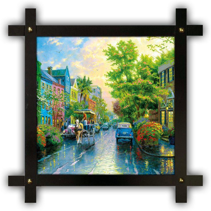 Poster N Frames Cross Wooden Frame Hand-Crafted with photo of Hand Painting Landscape Scenery 26038 Digital Reprint 16.5 inch x 16.5 inch Painting  (With Frame)