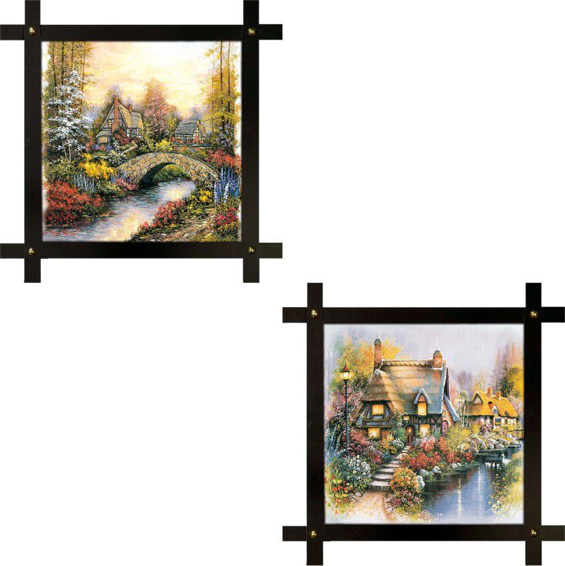 Poster N Frames 2(two) Hand-Crafted Decorative Style Wooden Frame with photo of Hand painting landscape scenery each Size :16.5X16.5-inch (42x42-cm) Digital Reprint 16.5 inch x 16.5 inch Painting  (With Frame, Pack of 2)