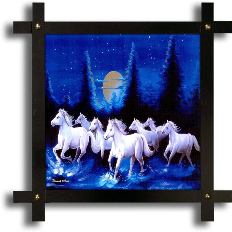 Poster N Frames Cross Wooden Frame Hand-Crafted with photo of Vastu 7 (Seven) Horse Digital Reprint 16.5 inch x 16.5 inch Painting  (With Frame)