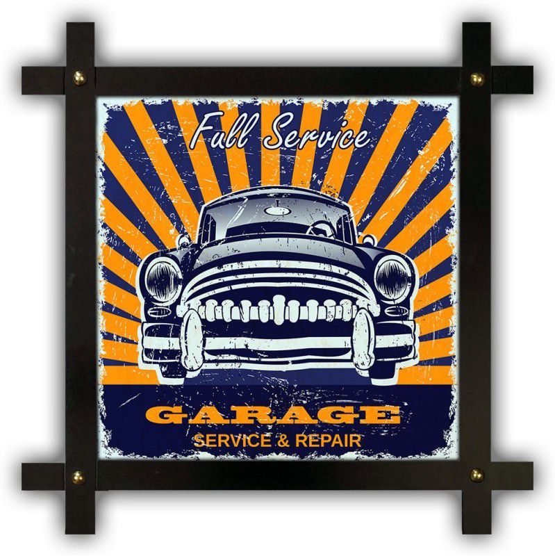Poster N Frames Cross Wooden Frame Hand-Crafted with photo of Vintage garage retro poster p-37 Digital Reprint 16.5 inch x 16.5 inch Painting  (With Frame)