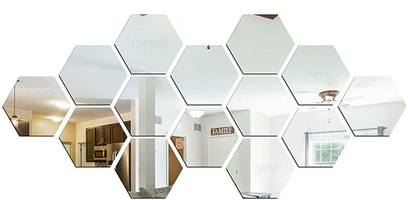 HAPPINY Hexagon mirror wall stickers, acrylic mirror wall decor sticker, Pack of 14  (Silver)
