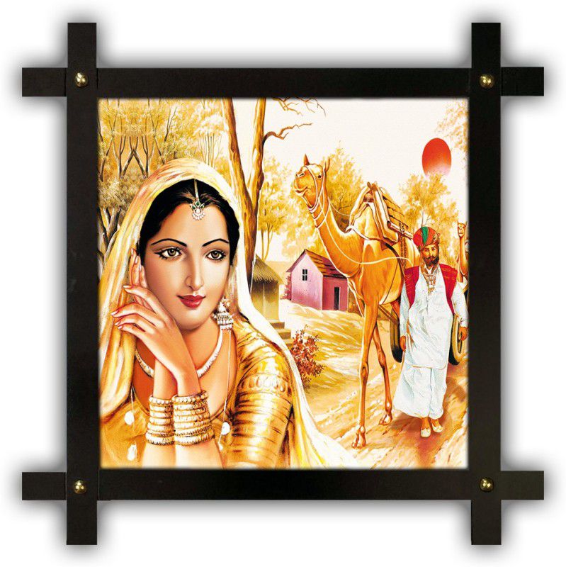 Poster N Frames Cross Wooden Frame Hand-Crafted with photo of Rajasthani Art m-23-12x12-crossframe Digital Reprint 16.5 inch x 16.5 inch Painting  (With Frame)