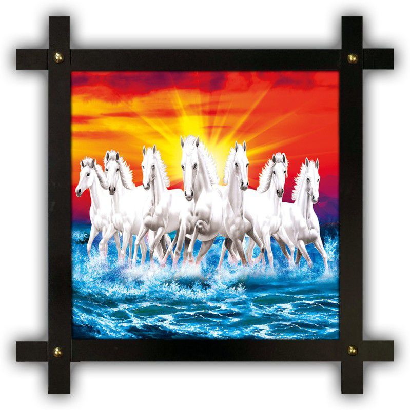Poster N Frames Cross Wooden Frame Hand-Crafted with photo of vastu 7 (Seven) Horse 16639 crossframe Digital Reprint 16.5 inch x 16.5 inch Painting  (With Frame)