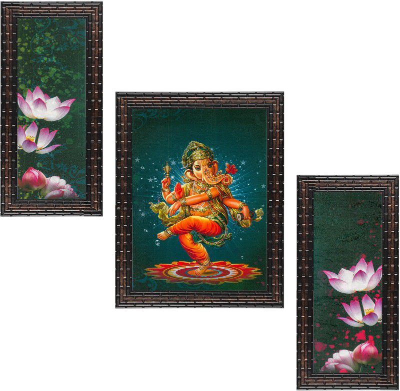 Indianara Set of 3 Lord Ganesh And Lotus Flower Framed Art Painting (2991GB) without glass (6 X 13, 10.2 X 13, 6 X 13 INCH) Digital Reprint 13 inch x 10.2 inch Painting  (With Frame, Pack of 3)