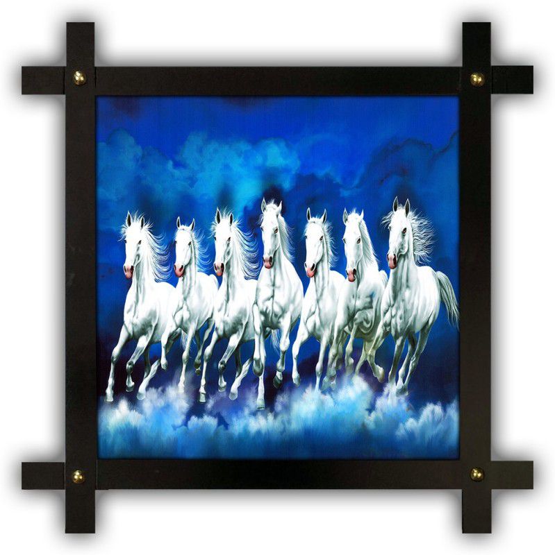 Poster N Frames Cross Wooden Frame Hand-Crafted with photo of vastu 7 (Seven) Horse 17553 crossframe Digital Reprint 16.5 inch x 16.5 inch Painting  (With Frame)