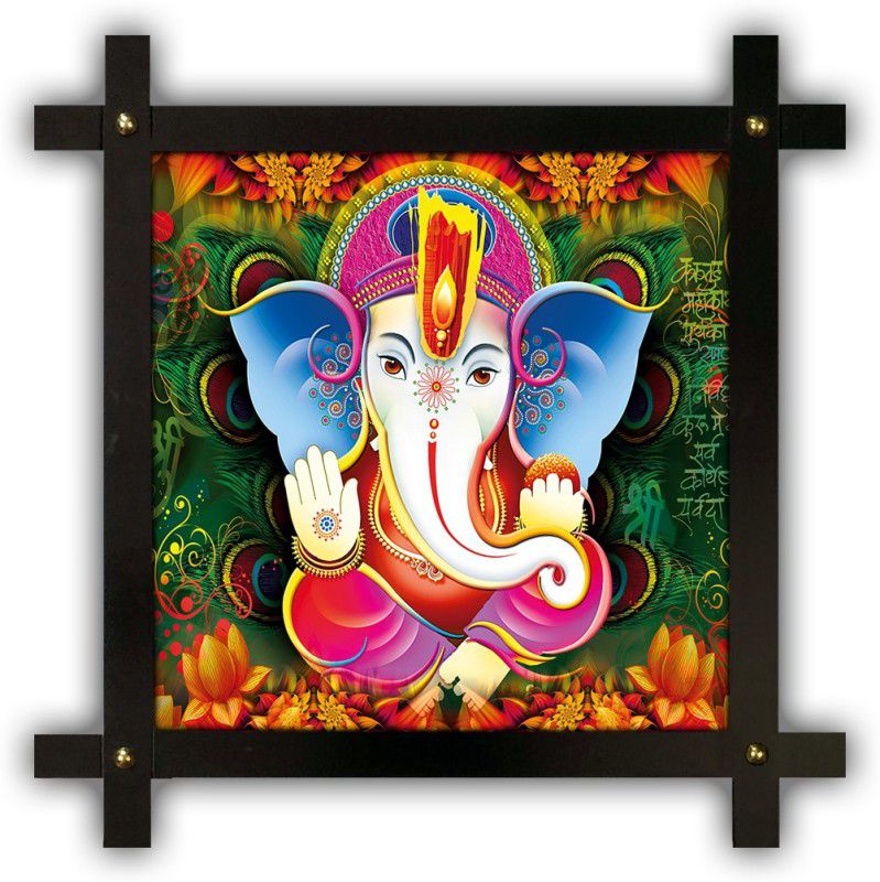 Poster N Frames Cross Wooden Frame Hand-Crafted with photo of Ganeshji (ganpati) 14887-crossframe Digital Reprint 16.5 inch x 16.5 inch Painting  (With Frame)