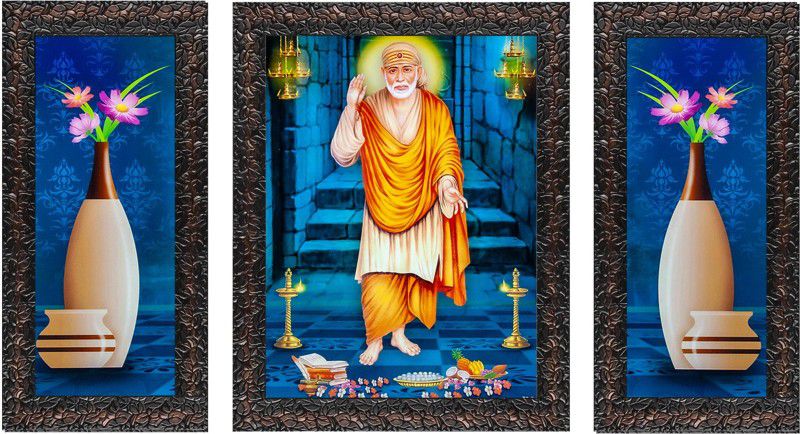 Indianara Set of 3 "Shirdi Sai Baba" Framed Painting (3475GBN) without glass Digital Reprint 13 inch x 10.2 inch Painting