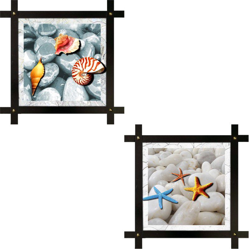Poster N Frames 2(two) Hand-Crafted Decorative Style Wooden Frame with photo of Sea Shell Buttons each Size :16.5X16.5-inch (42x42-cm) Digital Reprint 16.5 inch x 16.5 inch Painting  (With Frame, Pack of 2)
