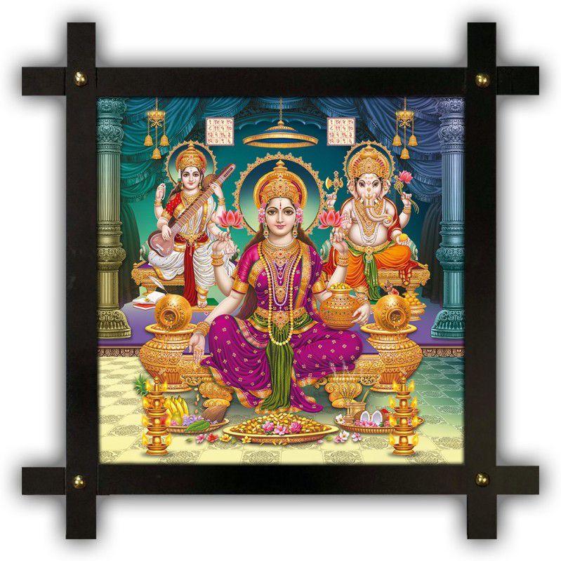 Poster N Frames Cross Wooden Frame Hand-Crafted with photo of Diwali Puja (laxmiji, Ganeshji,Saraswatiji) 20732-crossframe Digital Reprint 16.5 inch x 16.5 inch Painting  (With Frame)
