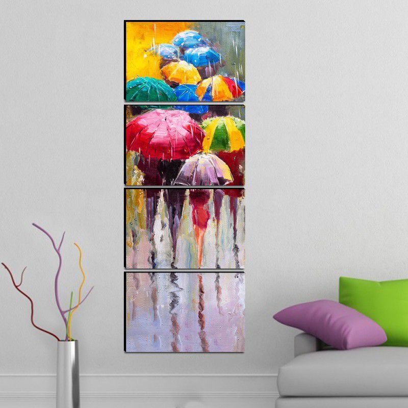 uDecore People Walking with Colorful Umbrellas MDF Framed Set of 4 Digital Reprint Digital Reprint 48 inch x 18 inch Painting  (With Frame, Pack of 4)
