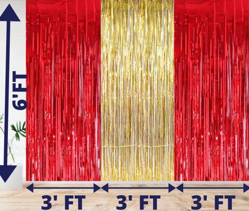 Bubble Trouble Red Gold Fringe Foil Curtains for Birthday , Anniversary , Wedding , Baby First , Kids , Engagement , Bride to be , Baby Shower , New Born Girls Boys Two Colors ( Pack of 3) Pack of 3  (Red, Gold)