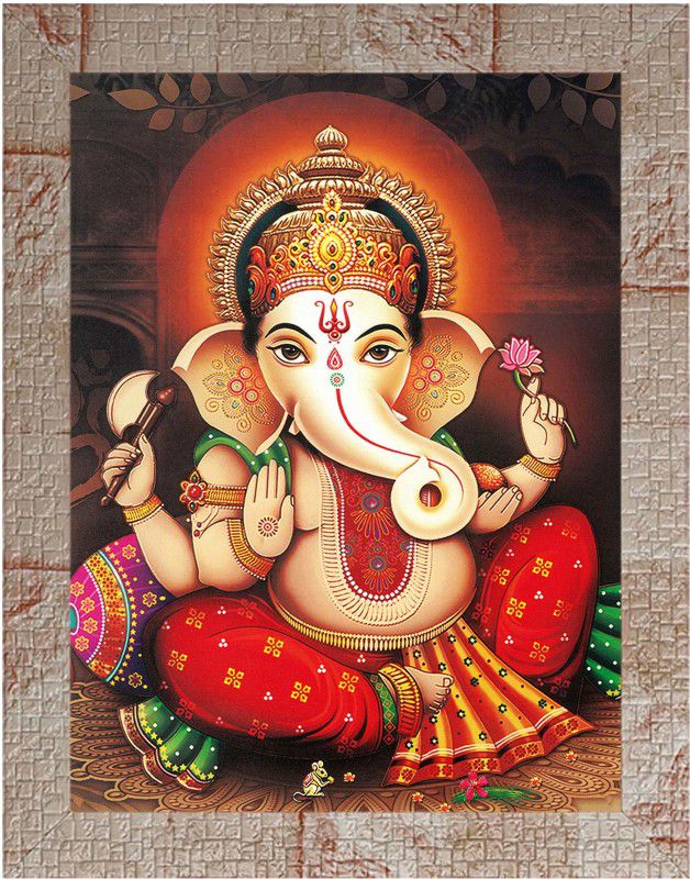 Indianara Lord Ganesha Painting (4329MR) -Synthetic Fame, 10 x 13 Inch Digital Reprint 13 inch x 10.2 inch Painting  (With Frame)