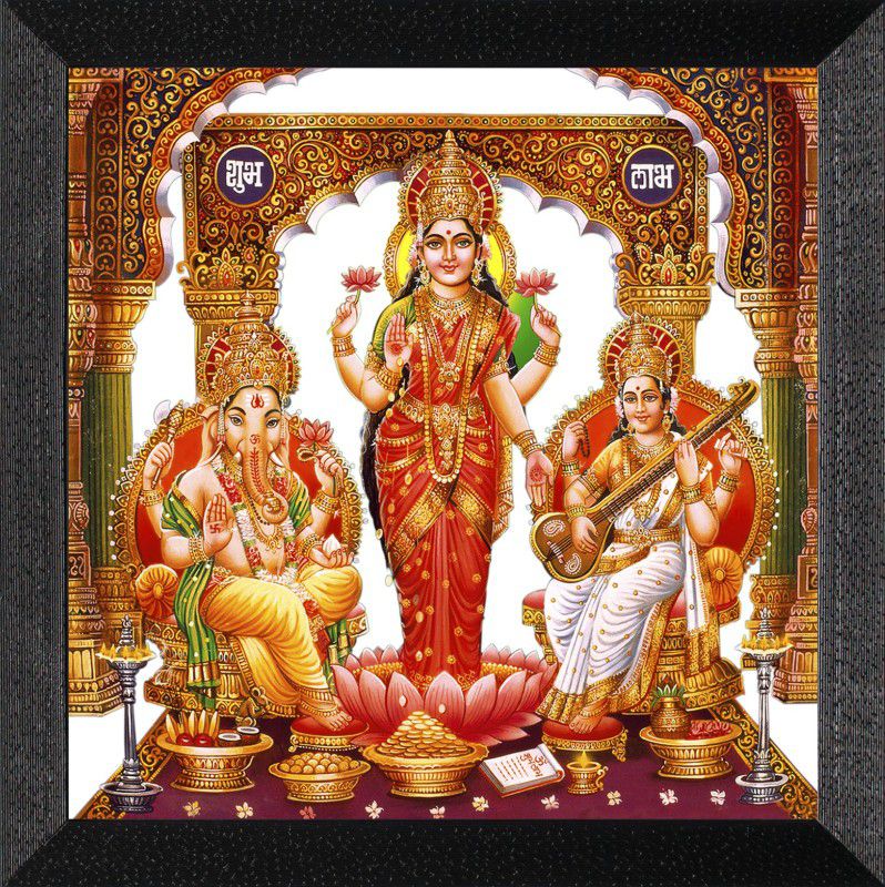 Religious Framed Painting Abstarct Art Matte Textured - Ganesh Saraswati Laxmi Digital Reprint 13.5 inch x 0.5 inch Painting