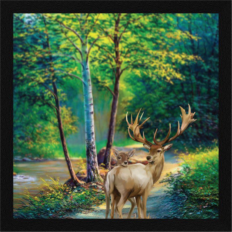 ArtX Deer Wildlife Framed Painting for Living Room For Home Decorative Ink 13 inch x 13 inch Painting  (With Frame)