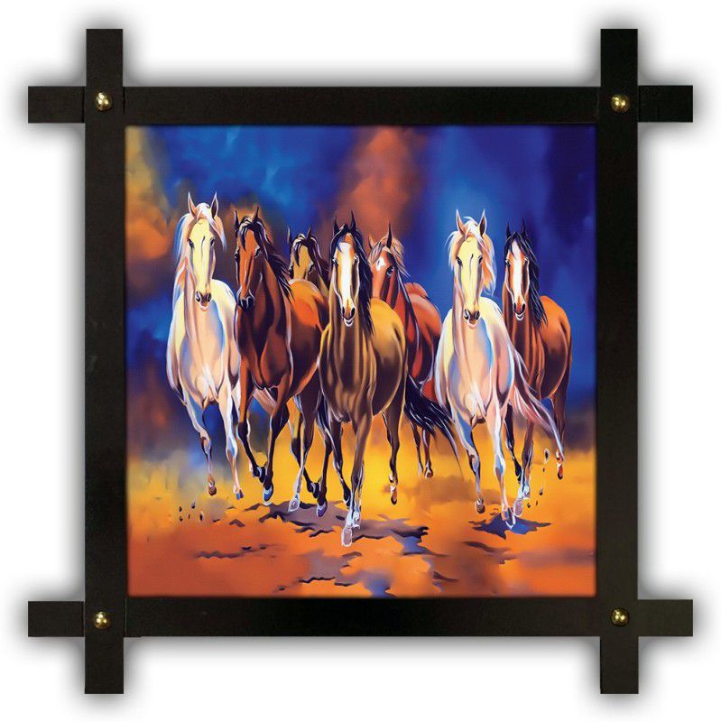 Poster N Frames Cross Wooden Frame Hand-Crafted with photo of vastu 7 (Seven) Horse 18138 crossframe Digital Reprint 16.5 inch x 16.5 inch Painting  (With Frame)