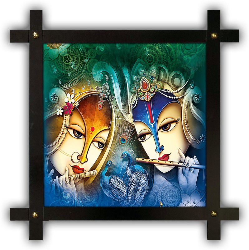 Poster N Frames Cross Wooden Frame Hand-Crafted with photo of Radha Krishna 13580 Digital Reprint 16.5 inch x 16.5 inch Painting  (With Frame)