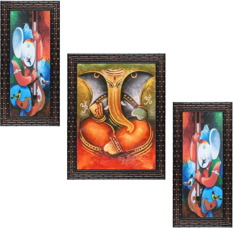 Indianara Set of 3 Lord Ganesha Art Painting (4178GB) without glass Digital Reprint 13 inch x 10.2 inch Painting  (With Frame, Pack of 3)