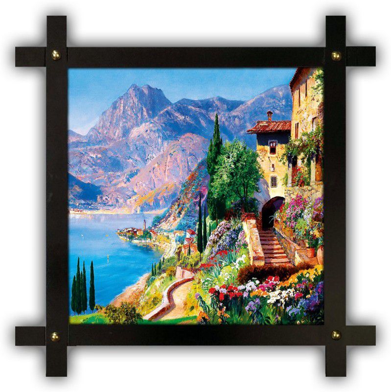 Poster N Frames Cross Wooden Frame Hand-Crafted with photo of Hand Painting Landscape Scenery 26026 Digital Reprint 16.5 inch x 16.5 inch Painting  (With Frame)