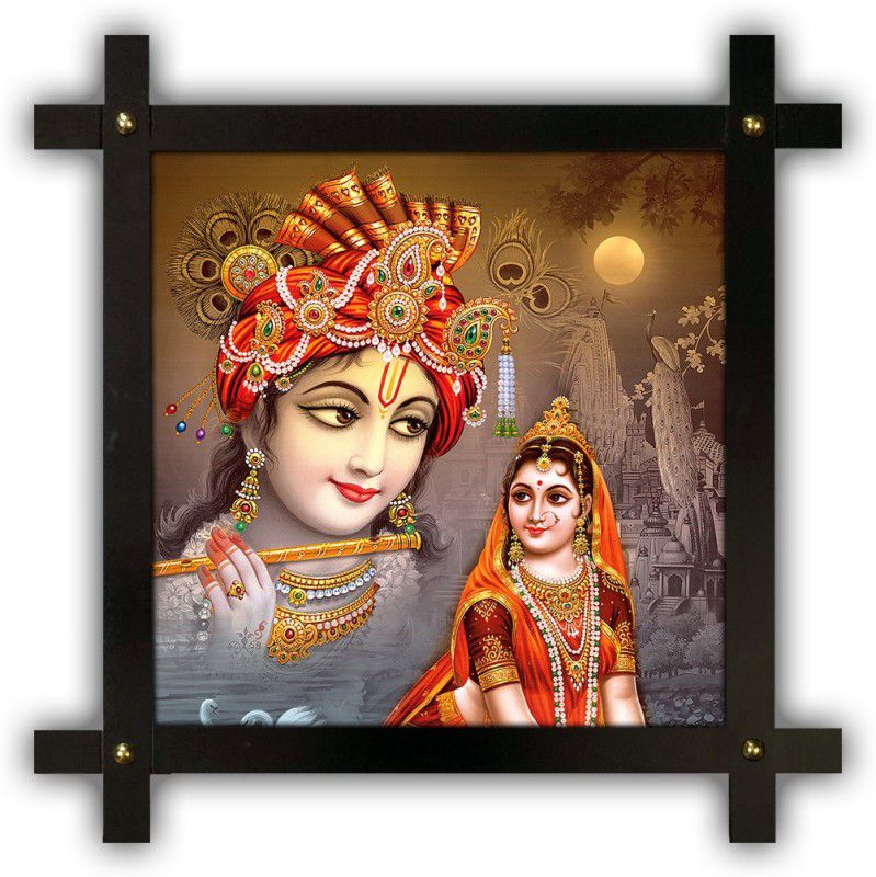 Poster N Frames Cross Wooden Frame Hand-Crafted with photo of Radha Krishna 17429 Digital Reprint 16.5 inch x 16.5 inch Painting  (With Frame)
