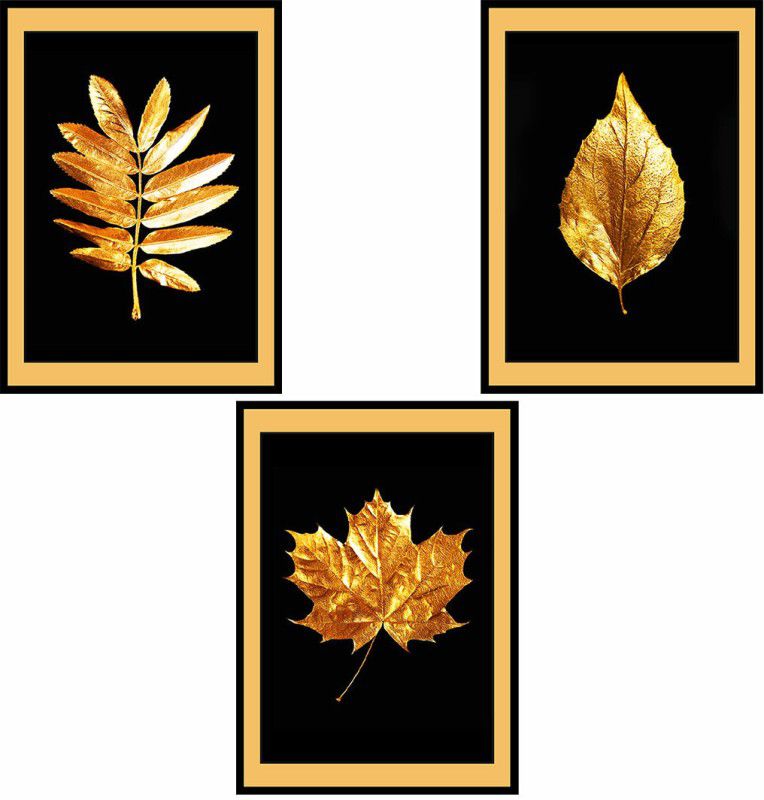 CraftKart Golden Leaf Wall Decor Paintings Poster for Home and Office decor Digital Reprint 12 inch x 10 inch Painting  (With Frame, Pack of 3)
