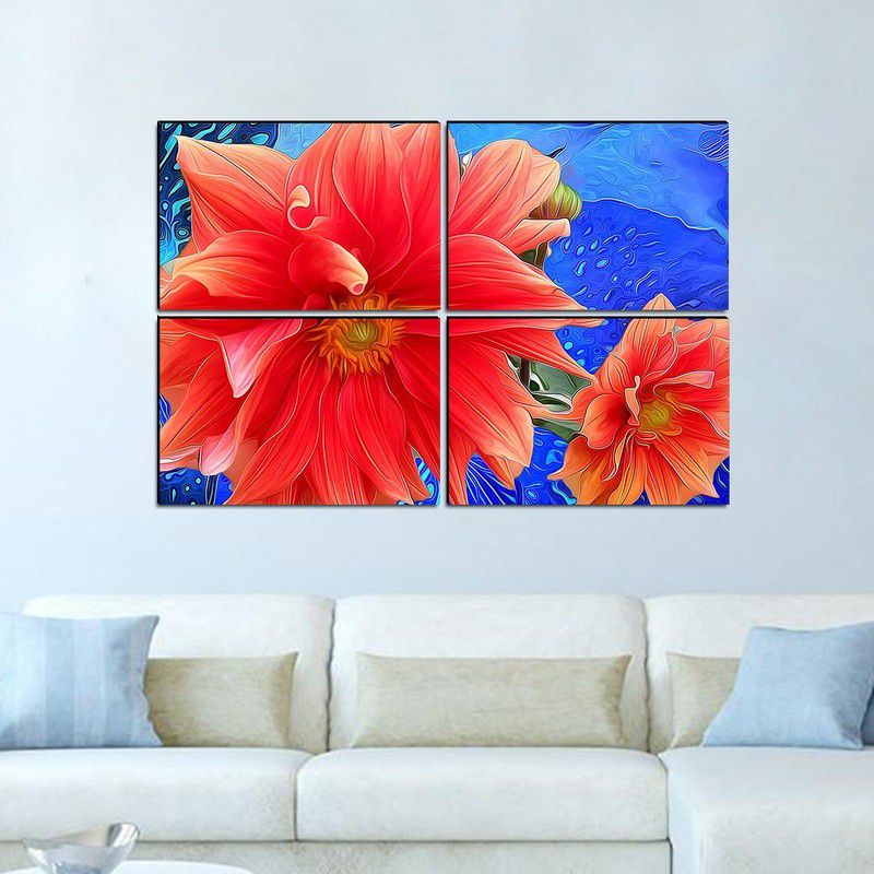 uDecore Beautiful two red color flower MDF Framed Set of 4 Digital Reprint Wall Painting Digital Reprint 24 inch x 36 inch Painting  (With Frame, Pack of 4)
