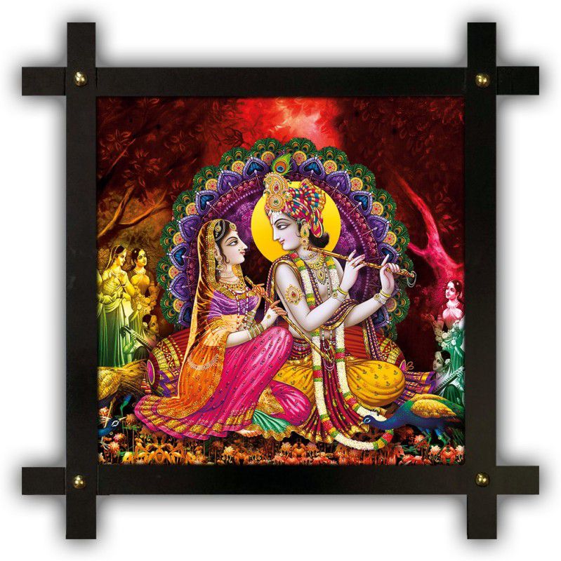 Poster N Frames Cross Wooden Frame Hand-Crafted with photo of Radha Krishna 17560 Digital Reprint 16.5 inch x 16.5 inch Painting  (With Frame)