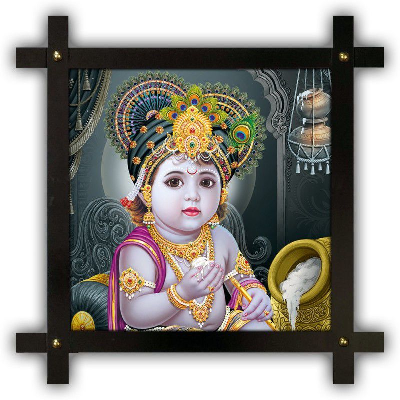 Poster N Frames Cross Wooden Frame Hand-Crafted with photo of Baby Krishna 14632-12x12-corssframe.jpg Digital Reprint 16.5 inch x 16.5 inch Painting  (With Frame)