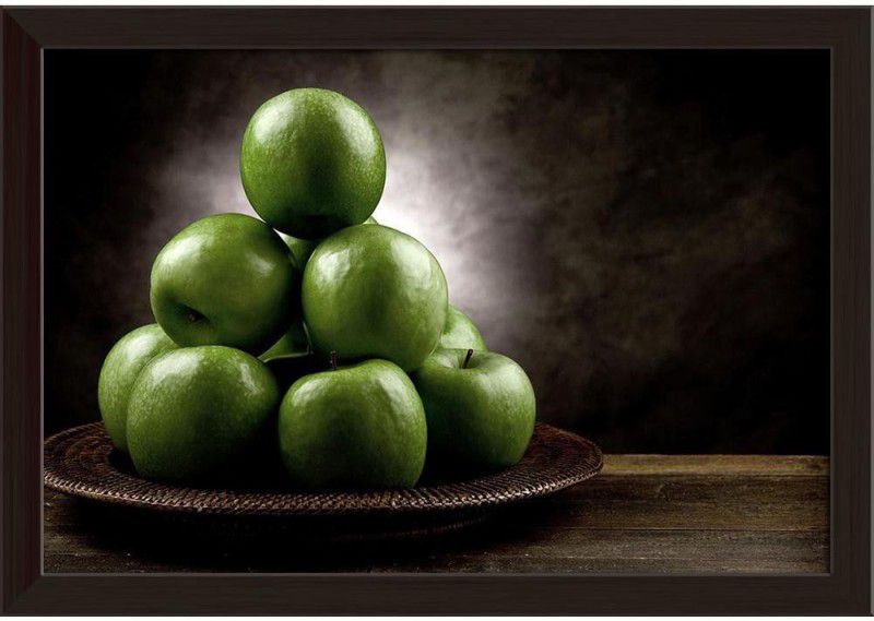 Green Apples on a Wooden Table Paper Poster Dark Brown Frame | Top Acrylic Glass 19inch x 13inch (48.3cms x 33cms) Paper Print  (13 inch X 19 inch, Framed)