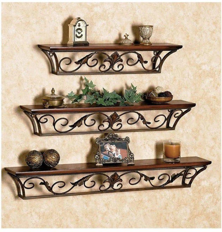 Casa Trading Iron and Wooden Wall Shelf/Wall Bracket/Floating Wall Shelves Set of 3 , Brown Wooden Wall Shelf  (Number of Shelves - 3, Brown)