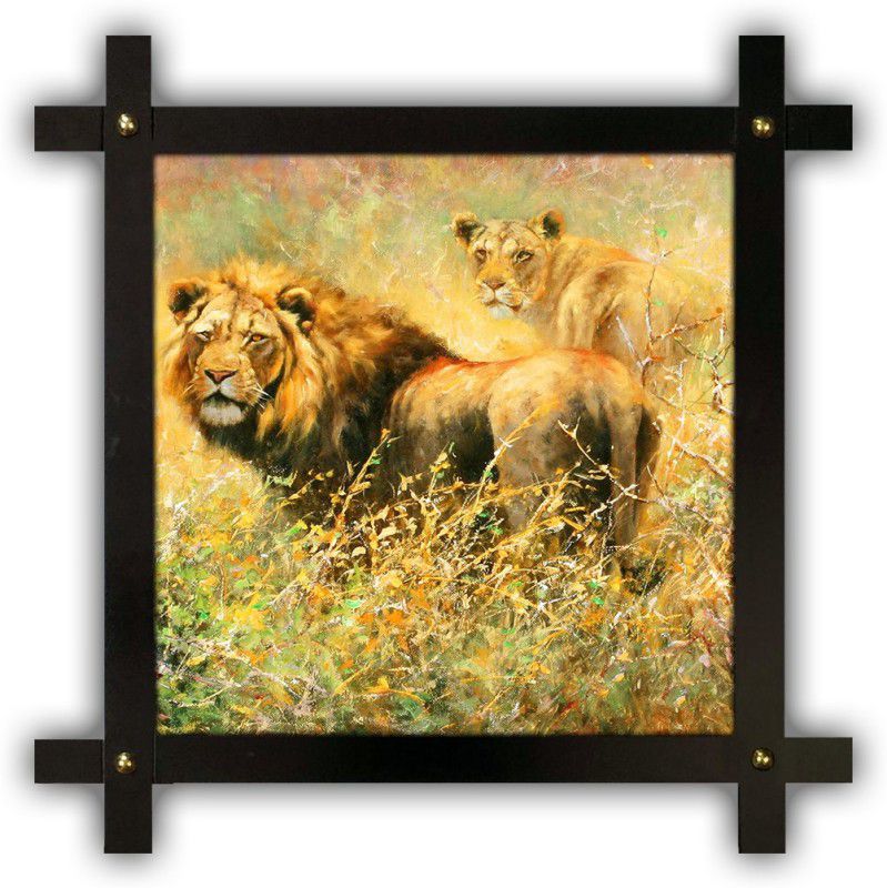 Poster N Frames Cross Wooden Frame Hand-Crafted with photo of lion 19049- crossframe Digital Reprint 16.5 inch x 16.5 inch Painting  (With Frame)