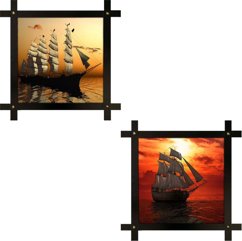 Poster N Frames 2(two) Hand-Crafted Decorative Style Wooden Frame with photo of Ships in sea landscape scenery each Size :16.5X16.5-inch (42x42-cm) Digital Reprint 16.5 inch x 16.5 inch Painting  (With Frame, Pack of 2)