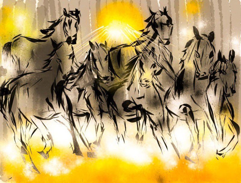 Seven Running Horses Unframed FengShui Canvas Artwork Home & Office Décor Digital Reprint 15 inch x 18 inch Painting
