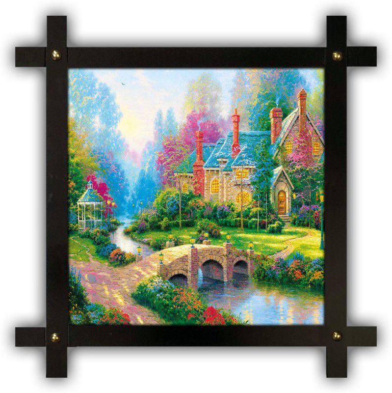 Poster N Frames Cross Wooden Frame Hand-Crafted with photo of Hand Painting Landscape Scenery 26044 Digital Reprint 16.5 inch x 16.5 inch Painting  (With Frame)