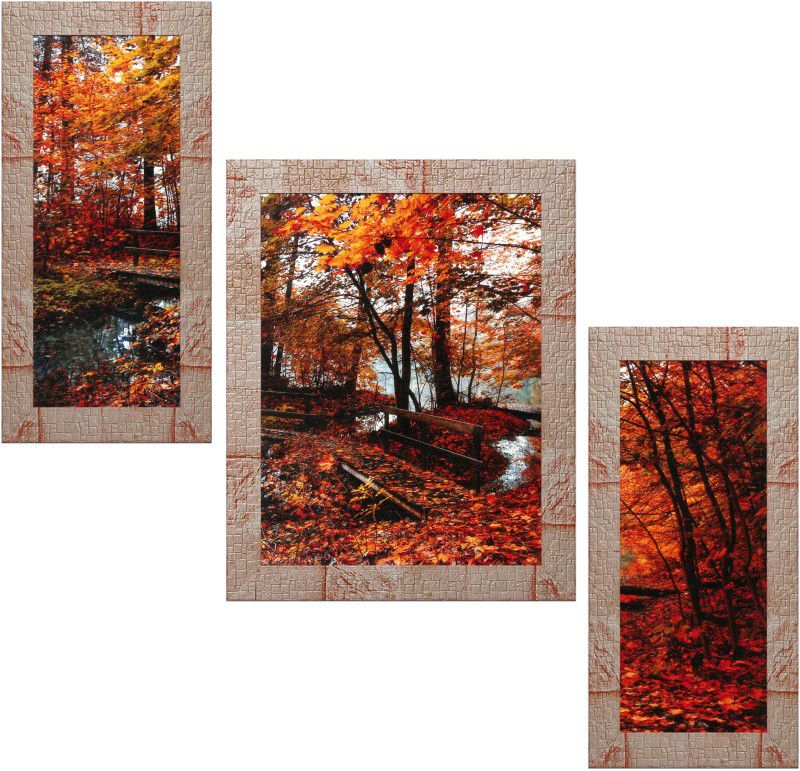 Indianara Set of 3 Nature Framed Art Painting (3290MR) without glass Digital Reprint 13 inch x 10 inch Painting  (With Frame, Pack of 3)