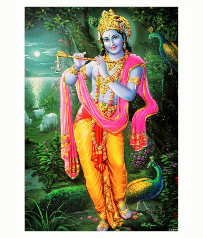 Krishna Bhagwan Beautiful Texture Painting Print Photo Without Frame Multicolor Fine Art Print  (28 inch X 20 inch, Rolled)