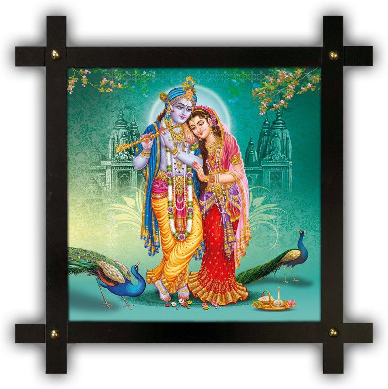 Poster N Frames Cross Wooden Frame Hand-Crafted with photo of Radha Krishna 20676 Digital Reprint 16.5 inch x 16.5 inch Painting  (With Frame)