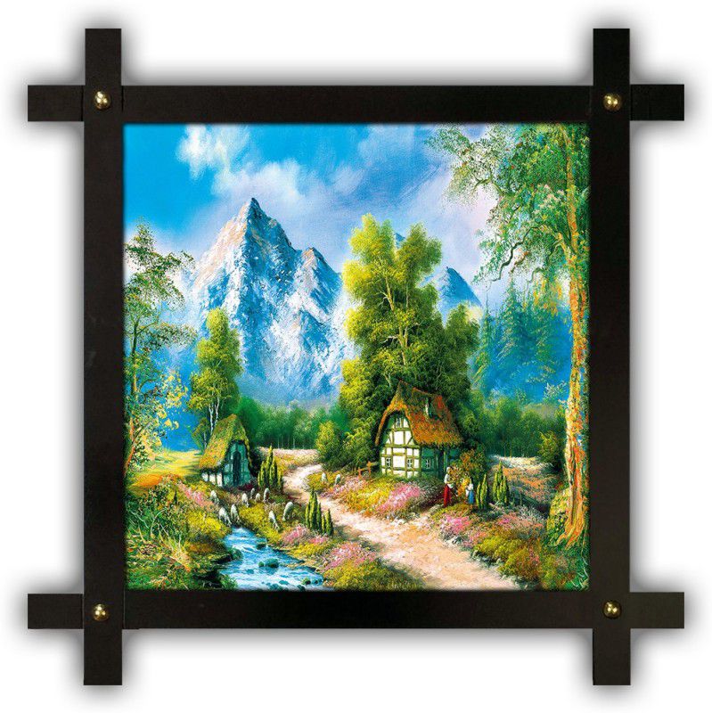 Poster N Frames Cross Wooden Frame Hand-Crafted with photo of Hand Painting Landscape Scenery 14819 Digital Reprint 16.5 inch x 16.5 inch Painting  (With Frame)