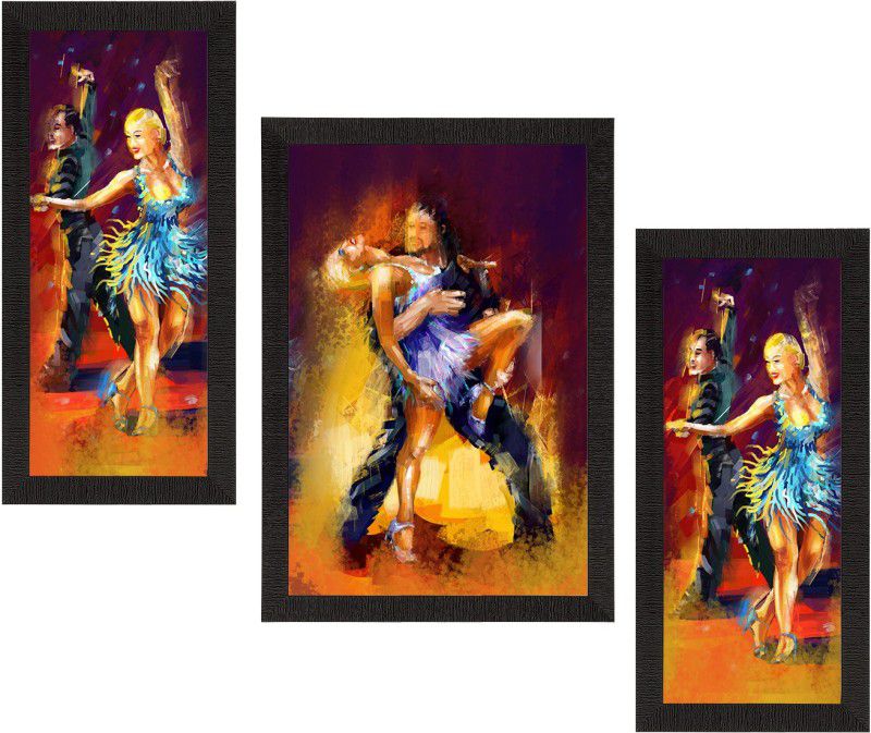eCraftIndia Set of 3 Dancing Couple Satin Matt Texture UV Art Painting Ink 14 inch x 10 inch Painting  (With Frame, Pack of 3)
