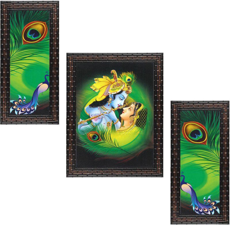 Indianara Set of 3 Radha Krishna with Peacocks Framed Art Painting (4152GB) without glass Digital Reprint 13 inch x 10.2 inch Painting  (With Frame, Pack of 3)